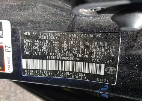 2016 Toyota Camry Se from USA, damaged, VIN 4T1BF1FK8GU506194